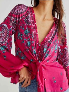 Free People Hot Pink Floral Tie-Front Blouse